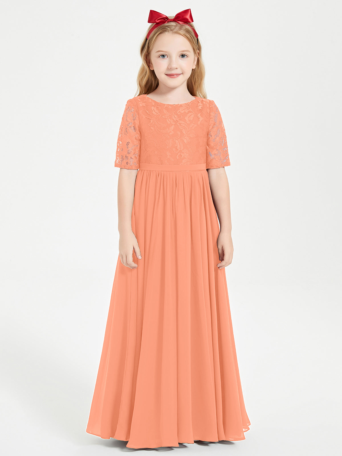 Lace Top Half Sleeved Junior Bridesmaids Dresses Papaya
